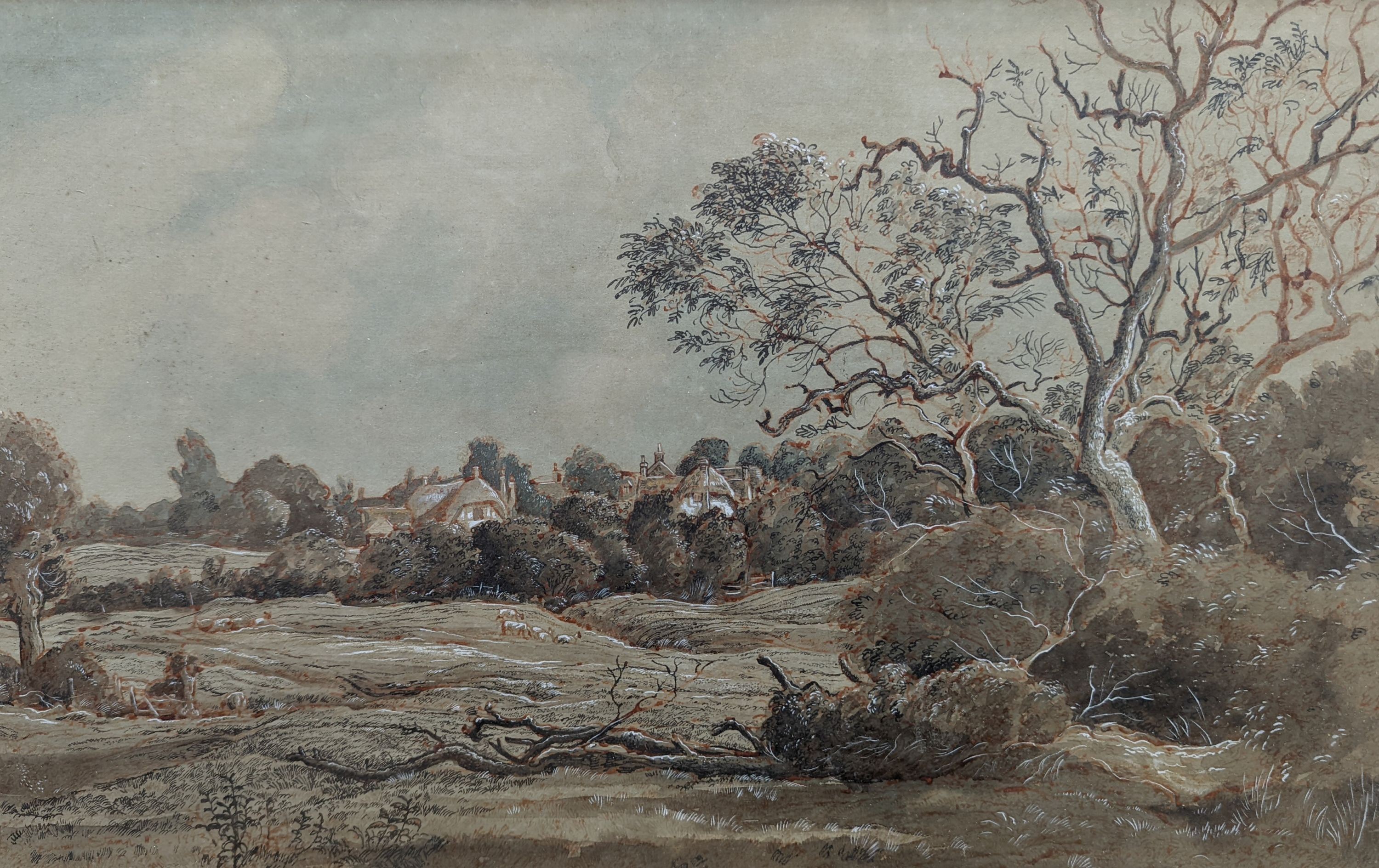 Edward Stamp (1939-), ink and watercolour, 'View at Cablington, Buckinghamshire', signed and dated 1973, 28 x 45cm
